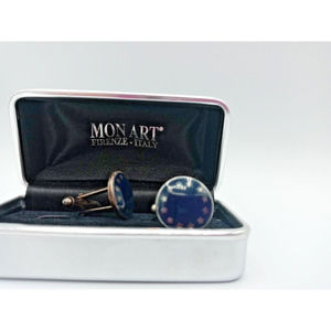 MON ART Italy Sterling Silver Cufflinks Round Navy Blue With Stars in Circle VTG